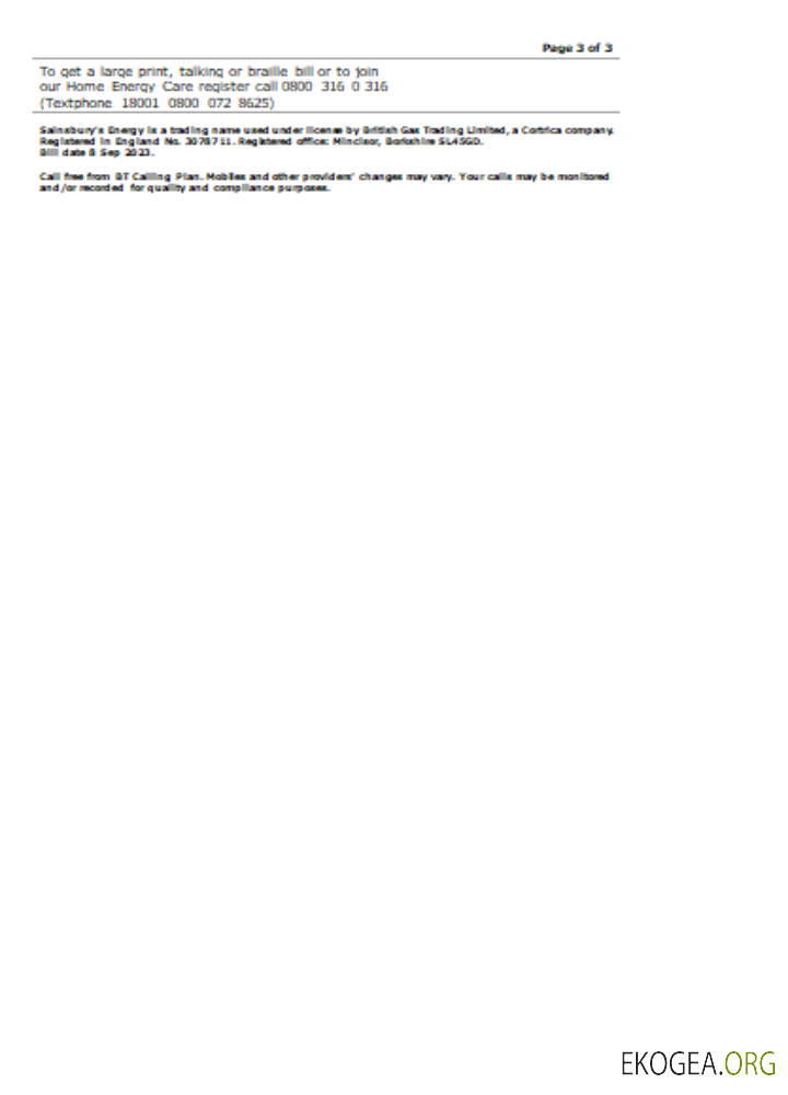 Facture de services publics de Sainsbury Energy (British Gas), page 3. SCR